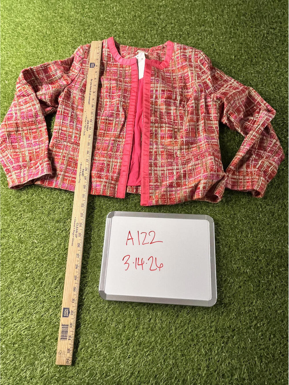 Pink and Orange Plaid Tweed Jacket‎ Chicos Medium Size 1